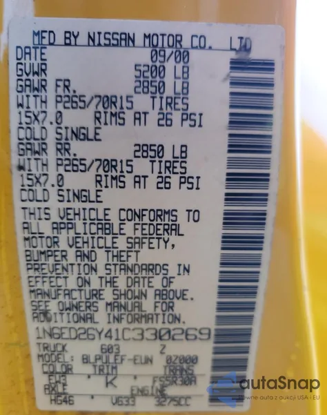 2001 Nissan Frontier King Cab Xe z USA, uszkodzony, nr VIN 1N6ED26Y41C330269